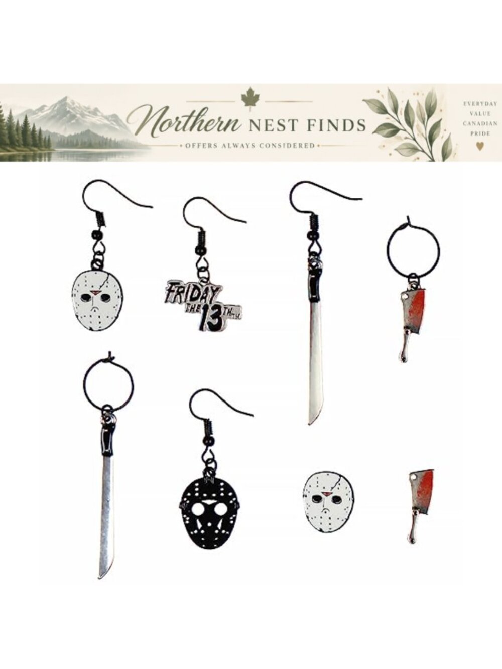 Friday The 13th Horror Earrings 4 Pack Stud Dangle Closed Back Metal Alloy Set